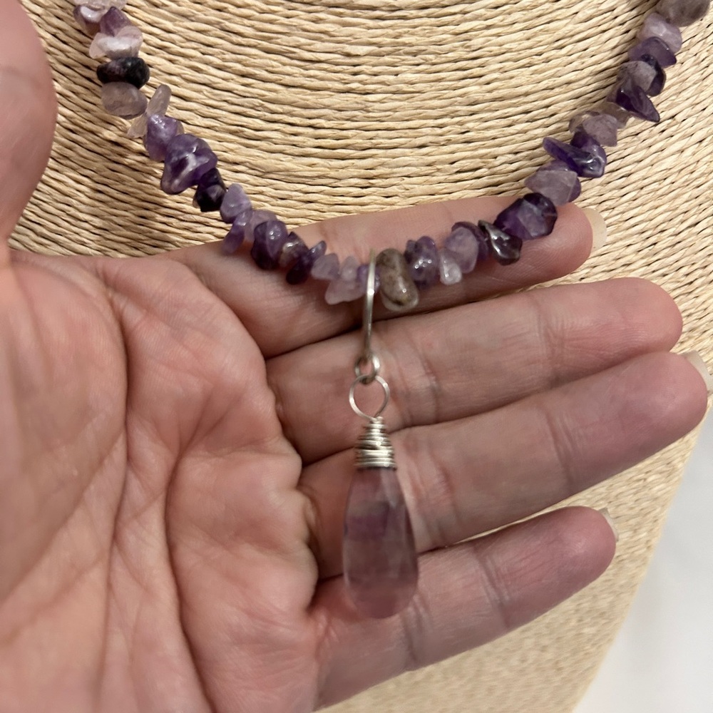 NEW HANDMADE AMETHYST & FLUORITE STERLING SILVER NECKLACE❤️